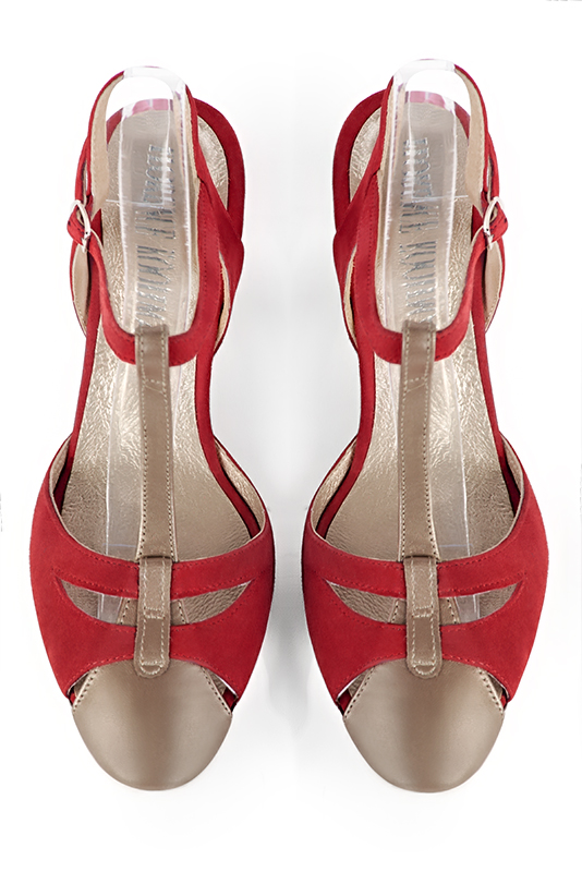Tan beige and cardinal red women's open back T-strap shoes. Round toe. Medium comma heels. Top view - Florence KOOIJMAN